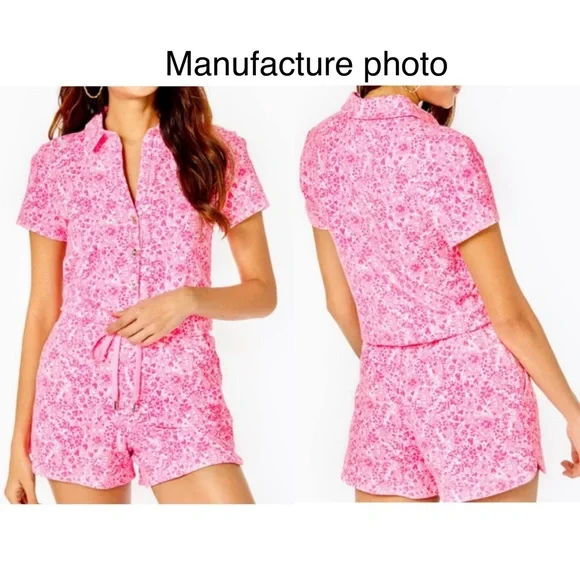 Lilly Pulitzer Short Sleeve Hot Pink Button Up Jorgie Shorts Romper Women’s Sm - Picture 2 of 13